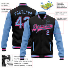 Load image into Gallery viewer, Custom Black Light Blue-Pink Bomber Full-Snap Varsity Letterman Two Tone Jacket
