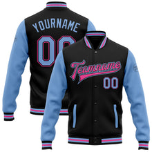 Load image into Gallery viewer, Custom Black Light Blue-Pink Bomber Full-Snap Varsity Letterman Two Tone Jacket

