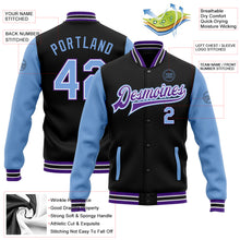Load image into Gallery viewer, Custom Black Light Blue-Purple Bomber Full-Snap Varsity Letterman Two Tone Jacket
