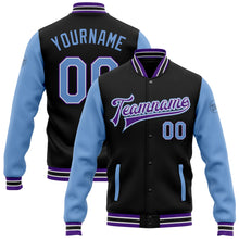 Load image into Gallery viewer, Custom Black Light Blue-Purple Bomber Full-Snap Varsity Letterman Two Tone Jacket
