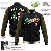 Laden Sie das Bild in den Galerie-Viewer, Custom Black Vintage Mexican Flag Cream-Olive Bomber Full-Snap Varsity Letterman Two Tone Jacket
