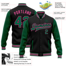 Load image into Gallery viewer, Custom Black Kelly Green-Pink Bomber Full-Snap Varsity Letterman Two Tone Jacket
