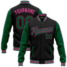 Load image into Gallery viewer, Custom Black Kelly Green-Pink Bomber Full-Snap Varsity Letterman Two Tone Jacket
