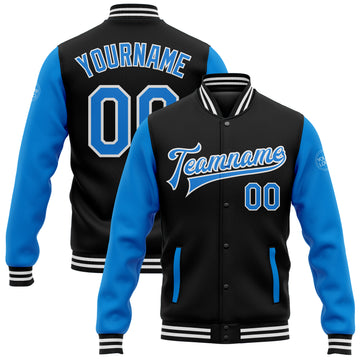 Custom Black Electric Blue-White Bomber Full-Snap Varsity Letterman Two Tone Jacket