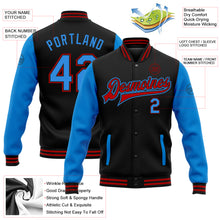 Load image into Gallery viewer, Custom Black Powder Blue-Red Bomber Full-Snap Varsity Letterman Two Tone Jacket
