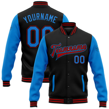 Custom Black Electric Blue-Red Bomber Full-Snap Varsity Letterman Two Tone Jacket