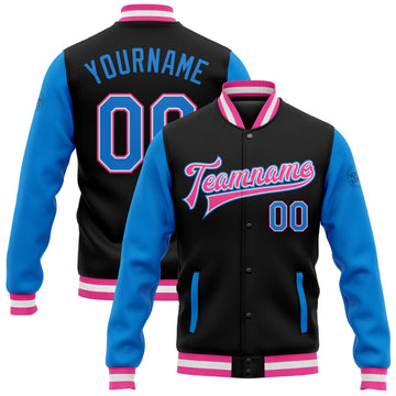 Custom Black Electric Blue-Pink Bomber Full-Snap Varsity Letterman Two Tone Jacket