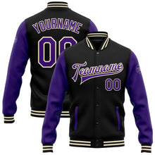 Load image into Gallery viewer, Custom Black Purple-Cream Bomber Full-Snap Varsity Letterman Two Tone Jacket

