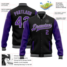 Laden Sie das Bild in den Galerie-Viewer, Custom Black Purple-Gray Bomber Full-Snap Varsity Letterman Two Tone Jacket
