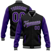 Laden Sie das Bild in den Galerie-Viewer, Custom Black Purple-Gray Bomber Full-Snap Varsity Letterman Two Tone Jacket
