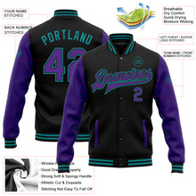 Laden Sie das Bild in den Galerie-Viewer, Custom Black Purple-Teal Bomber Full-Snap Varsity Letterman Two Tone Jacket
