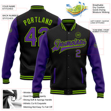 Load image into Gallery viewer, Custom Black Purple-Neon Green Bomber Full-Snap Varsity Letterman Two Tone Jacket
