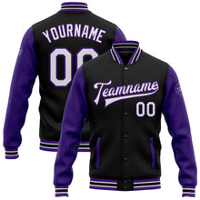 Laden Sie das Bild in den Galerie-Viewer, Custom Black White-Purple Bomber Full-Snap Varsity Letterman Two Tone Jacket
