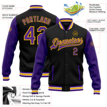 Laden Sie das Bild in den Galerie-Viewer, Custom Black Purple-Gold Bomber Full-Snap Varsity Letterman Two Tone Jacket
