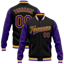 Laden Sie das Bild in den Galerie-Viewer, Custom Black Purple-Gold Bomber Full-Snap Varsity Letterman Two Tone Jacket
