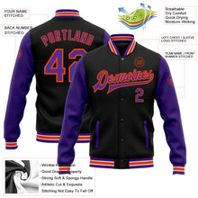 Laden Sie das Bild in den Galerie-Viewer, Custom Black Purple-Orange Bomber Full-Snap Varsity Letterman Two Tone Jacket
