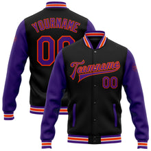 Laden Sie das Bild in den Galerie-Viewer, Custom Black Purple-Orange Bomber Full-Snap Varsity Letterman Two Tone Jacket
