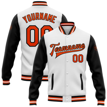Custom White Orange-Black Bomber Full-Snap Varsity Letterman Two Tone Jacket