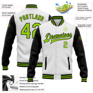 Custom White Neon Green-Black Bomber Full-Snap Varsity Letterman Two Tone Jacket