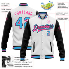 Load image into Gallery viewer, Custom White Sky Blue-Pink Bomber Full-Snap Varsity Letterman Two Tone Jacket
