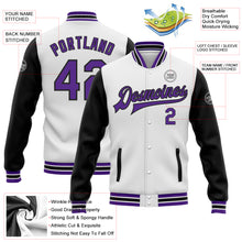 Load image into Gallery viewer, Custom White Purple-Black Bomber Full-Snap Varsity Letterman Two Tone Jacket
