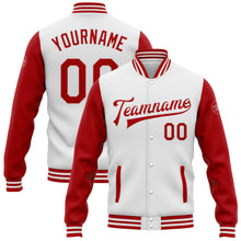 Laden Sie das Bild in den Galerie-Viewer, Custom White Red Bomber Full-Snap Varsity Letterman Two Tone Jacket
