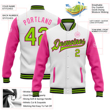 Load image into Gallery viewer, Custom White Neon Green Black-Pink Bomber Full-Snap Varsity Letterman Two Tone Jacket
