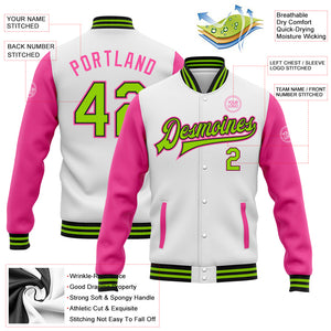 Custom White Neon Green Black-Pink Bomber Full-Snap Varsity Letterman Two Tone Jacket