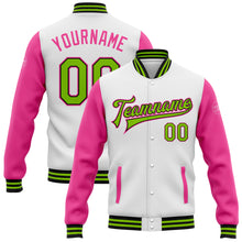 Load image into Gallery viewer, Custom White Neon Green Black-Pink Bomber Full-Snap Varsity Letterman Two Tone Jacket
