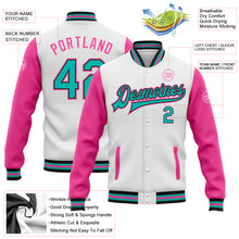 Load image into Gallery viewer, Custom White Aqua Black-Pink Bomber Full-Snap Varsity Letterman Two Tone Jacket
