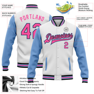 Custom White Pink Black-Light Blue Bomber Full-Snap Varsity Letterman Two Tone Jacket