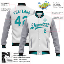 Load image into Gallery viewer, Custom White Teal Gray-Black Bomber Full-Snap Varsity Letterman Two Tone Jacket

