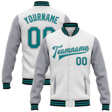 Laden Sie das Bild in den Galerie-Viewer, Custom White Teal Gray-Black Bomber Full-Snap Varsity Letterman Two Tone Jacket
