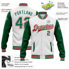 Load image into Gallery viewer, Custom White Kelly Green-Red Bomber Full-Snap Varsity Letterman Two Tone Jacket
