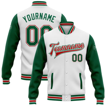 Custom White Kelly Green-Red Bomber Full-Snap Varsity Letterman Two Tone Jacket