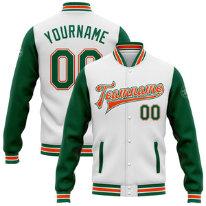 Custom White Kelly Green-Orange Bomber Full-Snap Varsity Letterman Two Tone Jacket