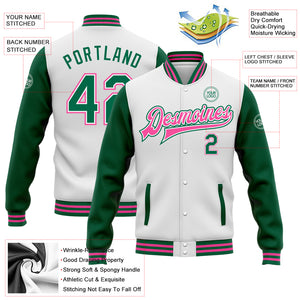 Custom White Kelly Green-Pink Bomber Full-Snap Varsity Letterman Two Tone Jacket