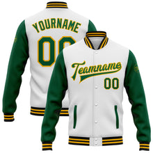 Load image into Gallery viewer, Custom White Kelly Green Gold-Black Bomber Full-Snap Varsity Letterman Two Tone Jacket
