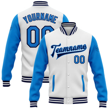 Custom White Electric Blue-Navy Bomber Full-Snap Varsity Letterman Two Tone Jacket