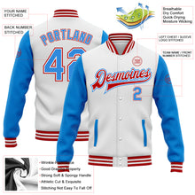 Load image into Gallery viewer, Custom White Electric Blue-Red Bomber Full-Snap Varsity Letterman Two Tone Jacket
