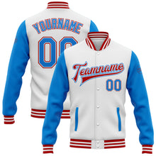 Load image into Gallery viewer, Custom White Electric Blue-Red Bomber Full-Snap Varsity Letterman Two Tone Jacket
