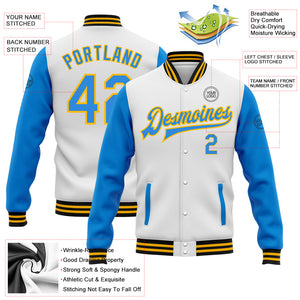 Custom White Electric Blue Gold-Black Bomber Full-Snap Varsity Letterman Two Tone Jacket