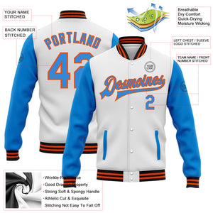 Custom White Electric Blue Orange-Black Bomber Full-Snap Varsity Letterman Two Tone Jacket