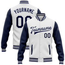 Load image into Gallery viewer, Custom White Navy Bomber Full-Snap Varsity Letterman Two Tone Jacket
