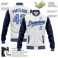 Laden Sie das Bild in den Galerie-Viewer, Custom White Light Blue-Navy Bomber Full-Snap Varsity Letterman Two Tone Jacket
