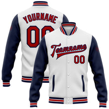 Laden Sie das Bild in den Galerie-Viewer, Custom White Red-Navy Bomber Full-Snap Varsity Letterman Two Tone Jacket
