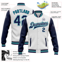 Laden Sie das Bild in den Galerie-Viewer, Custom White Navy Gray-Teal Bomber Full-Snap Varsity Letterman Two Tone Jacket
