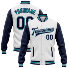 Laden Sie das Bild in den Galerie-Viewer, Custom White Navy Gray-Teal Bomber Full-Snap Varsity Letterman Two Tone Jacket
