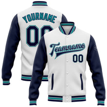 Load image into Gallery viewer, Custom White Navy Gray-Teal Bomber Full-Snap Varsity Letterman Two Tone Jacket
