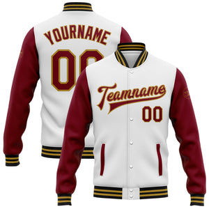 Custom White Crimson Old Gold-Black Bomber Full-Snap Varsity Letterman Two Tone Jacket